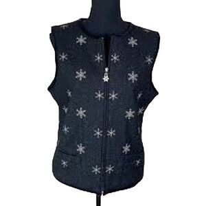 Talbot's Wool Blend Zip Front Vest Black Silver Snowflakes Petite Small EUC